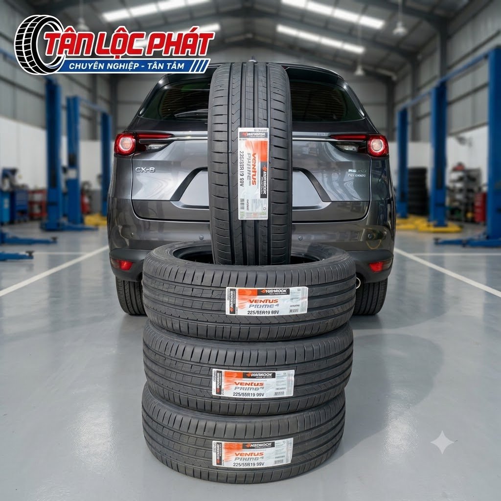 Bộ lốp Hankook 225/55R19 Ventus Prime4 K135 chuẩn bị lắp cho xe Mazda CX-8 tại garage Tân Lộc Phát